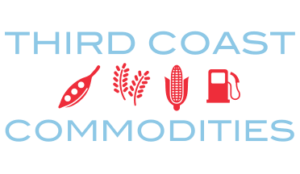 Logo for Third Coast Commodities featuring light blue text with four red icons: a leaf, wheat, corn, and a fuel pump. As we continue to hire top-tier talent in Eastern Europe & South Africa, our design embodies the fusion of global expertise and agricultural innovation.